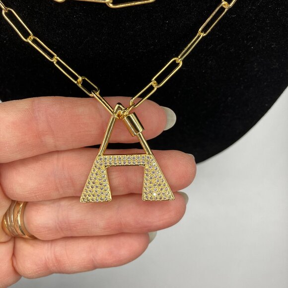 Brass Letter "A" Pendant Cubic Zirconia adjustable 20 inch Paper Clip Chain NEW - Picture 2 of 12